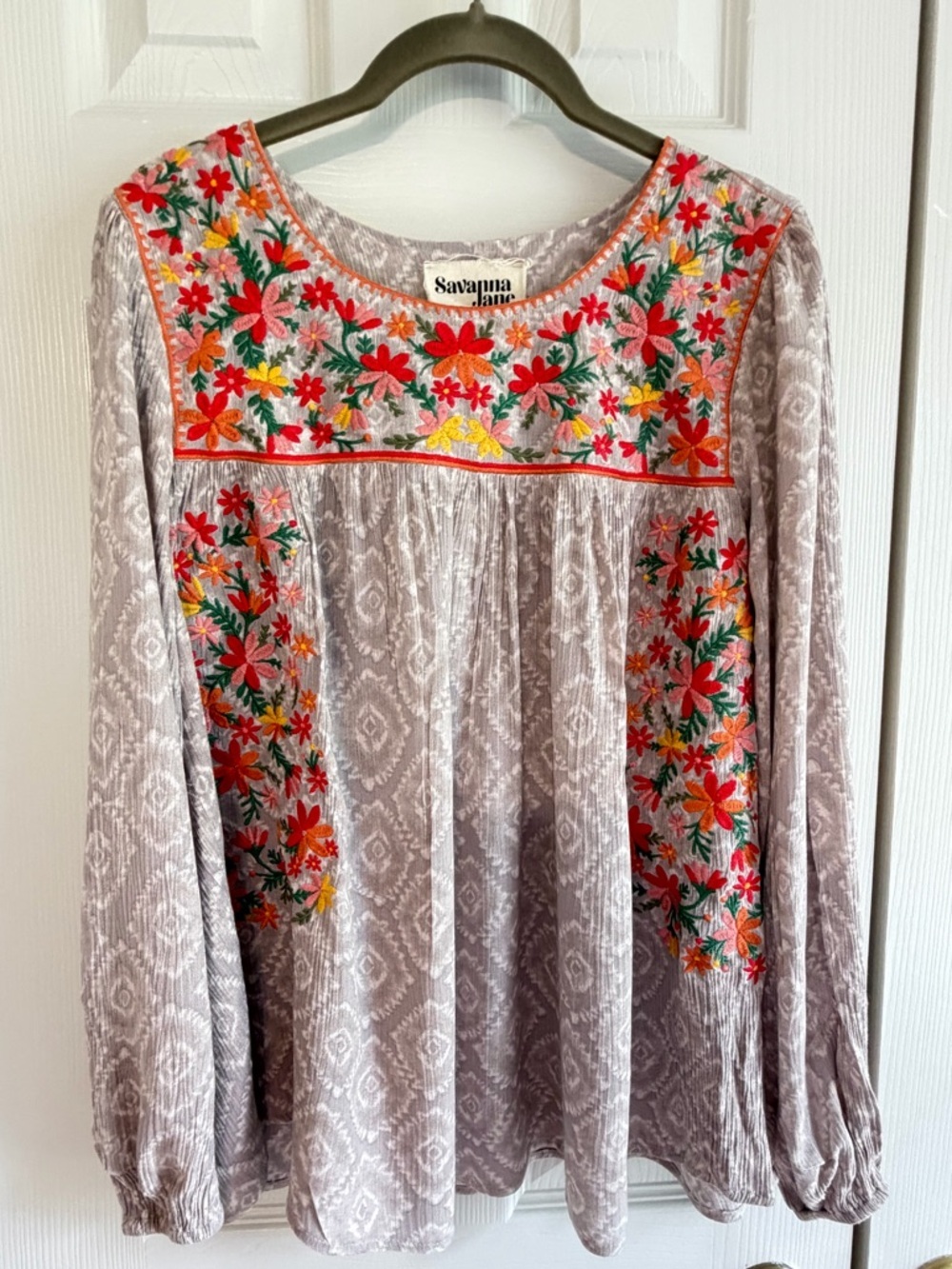 Savanna Jane Embroidered Floral Boho Peasant Top Gray Orange Long Sleeve Size S